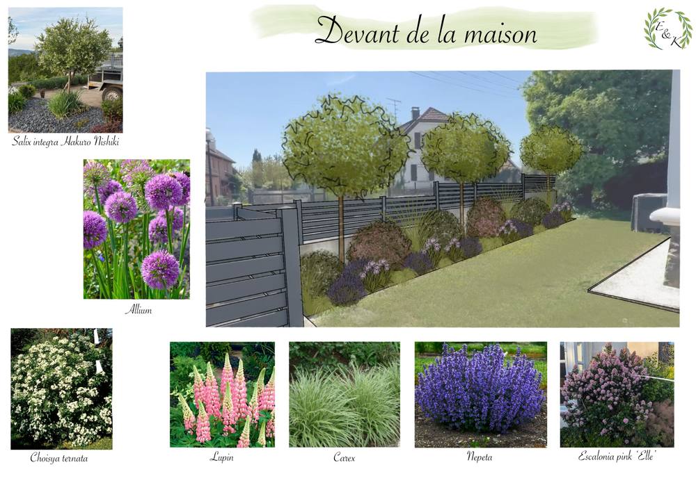 Planche de conception « Devant de la maison » : photomontage d’un massif fleuri le long d’une clôture, avec arbres tiges