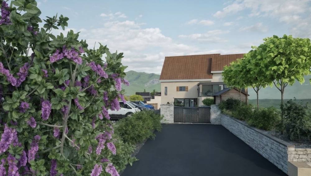 Vue 3D d’une allée d’accès bordée de vivaces fleuries et d’arbres tiges