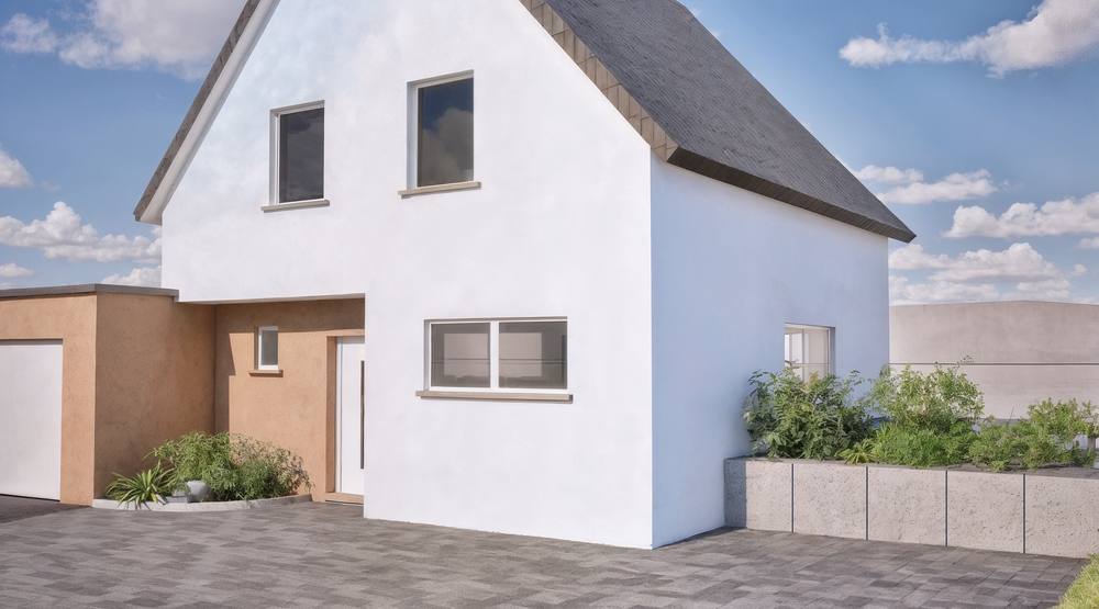 Projection 3D d’une entrée de maison avec massifs et bordures