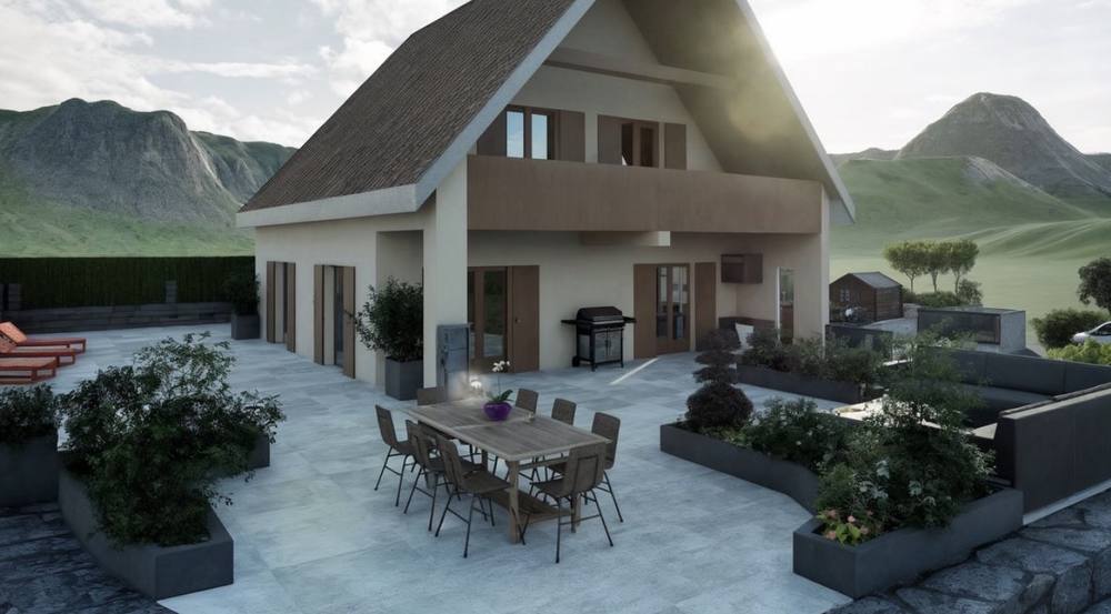 Vue 3D d’un projet de terrasse avec salon de jardin et bacs plantés